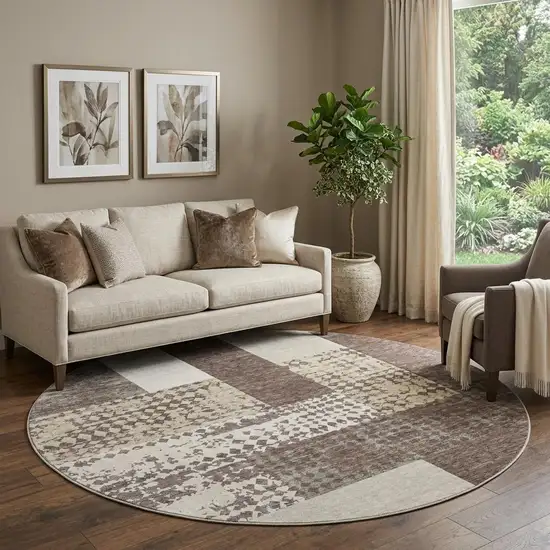 8' Brown Ivory And Beige Geometric Washable Round Rug With UV Protection Photo 1