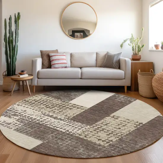 8' Brown Ivory And Beige Geometric Washable Round Rug With UV Protection Photo 4