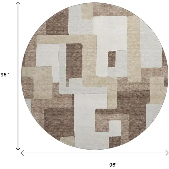 8' Brown Ivory And Beige Geometric Washable Round Rug With UV Protection Photo 9