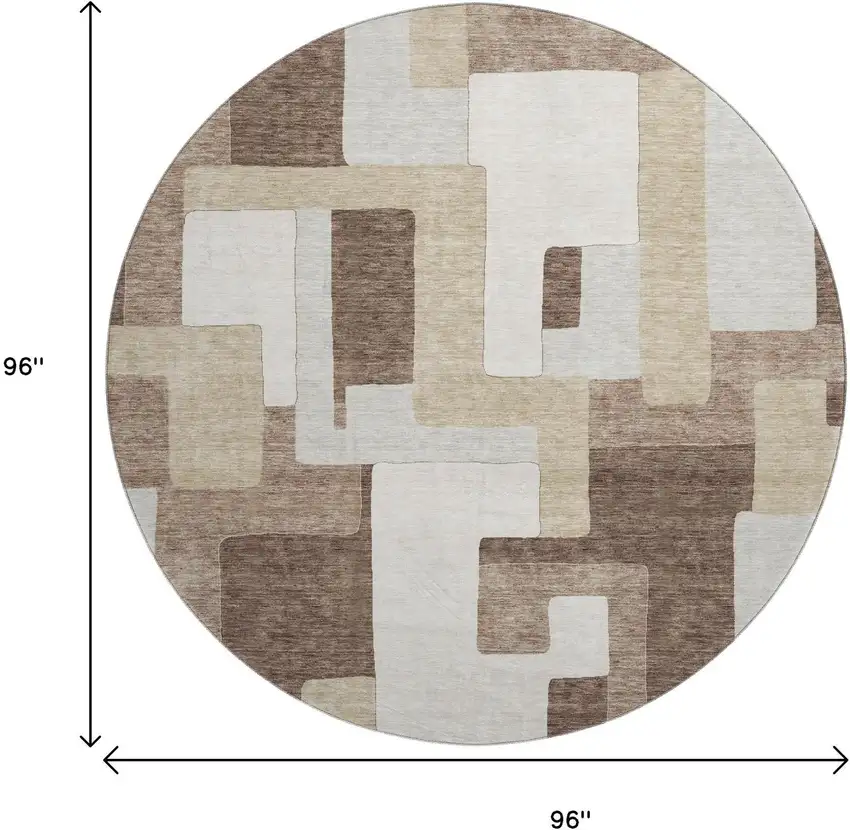 8' Brown Ivory And Beige Geometric Washable Round Rug With UV Protection Photo 9