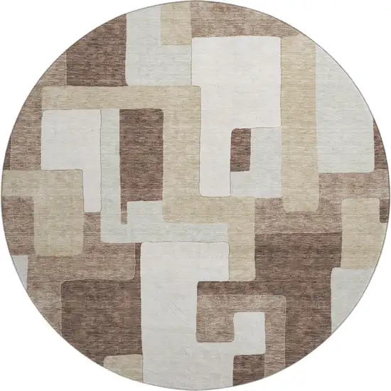 8' Brown Ivory And Beige Geometric Washable Round Rug With UV Protection Photo 1