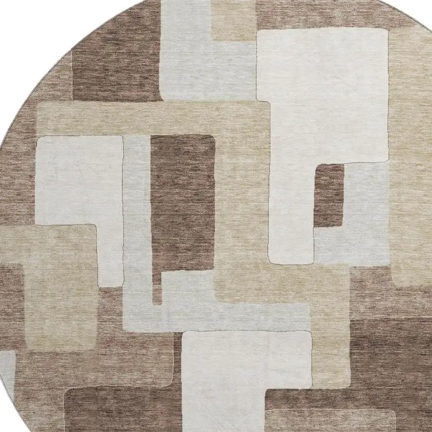 8' Brown Ivory And Beige Geometric Washable Round Rug With UV Protection Photo 2