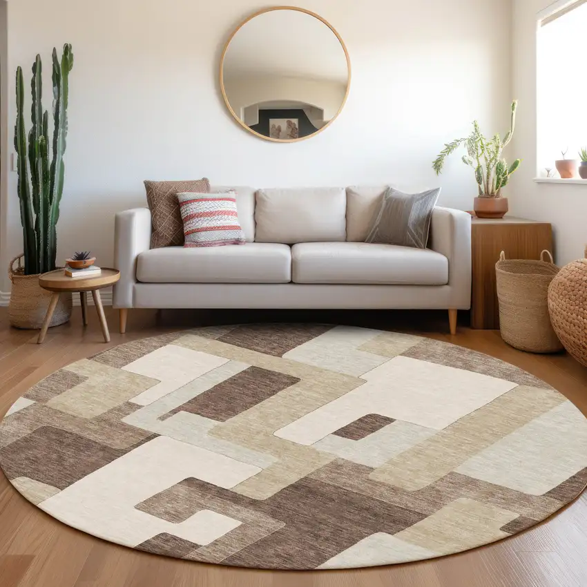 8' Brown Ivory And Beige Geometric Washable Round Rug With UV Protection Photo 4
