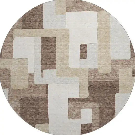 8' Brown Ivory And Beige Geometric Washable Round Rug With UV Protection Photo 3