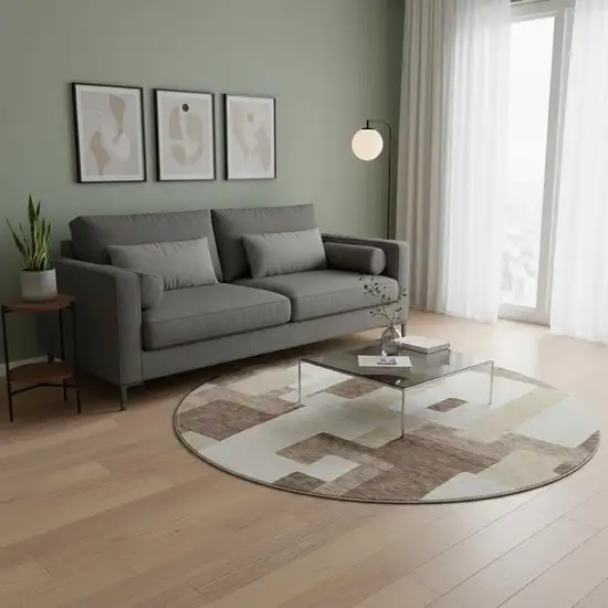 8' Brown Ivory And Beige Geometric Washable Round Rug With UV Protection Photo 2