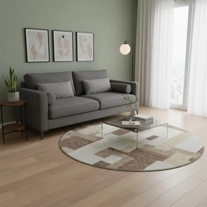 8' Brown Ivory And Beige Geometric Washable Round Rug With UV Protection Photo 2