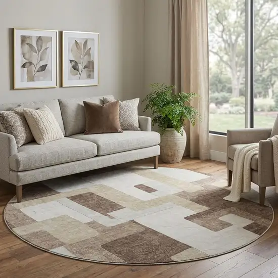 8' Brown Ivory And Beige Geometric Washable Round Rug With UV Protection Photo 1