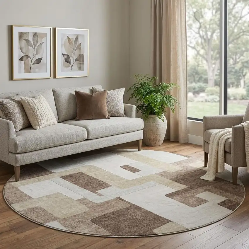 8' Brown Ivory And Beige Geometric Washable Round Rug With UV Protection Photo 1