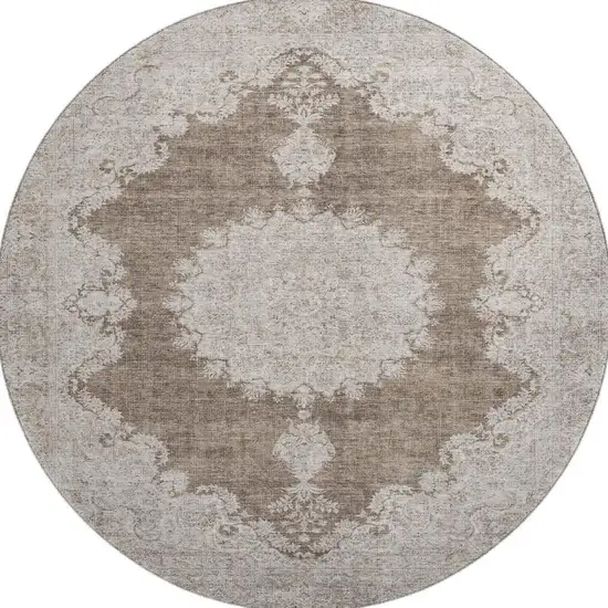 8' Brown Ivory And Beige Oriental Washable Round Rug With UV Protection Photo 3
