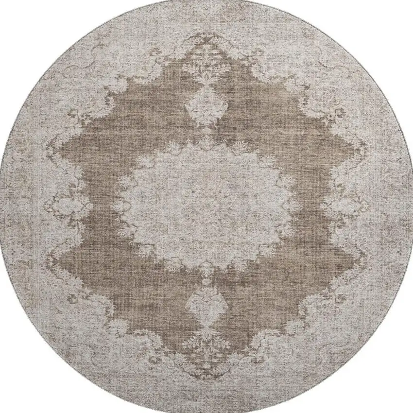 8' Brown Ivory And Beige Oriental Washable Round Rug With UV Protection Photo 3