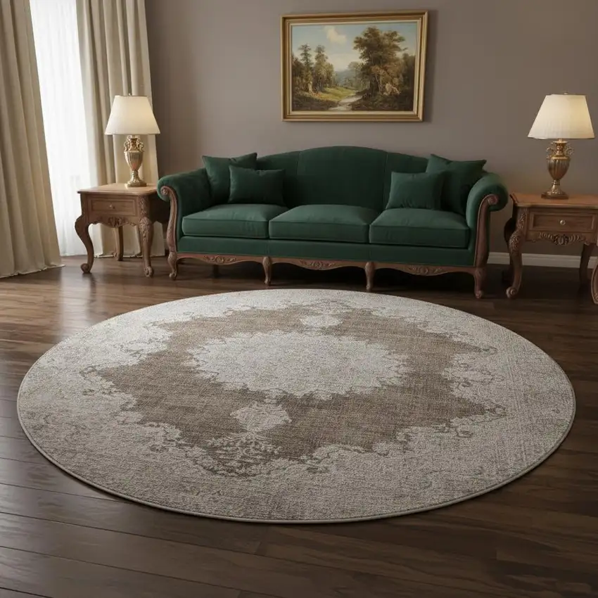8' Brown Ivory And Beige Oriental Washable Round Rug With UV Protection Photo 2