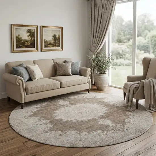 8' Brown Ivory And Beige Oriental Washable Round Rug With UV Protection Photo 1
