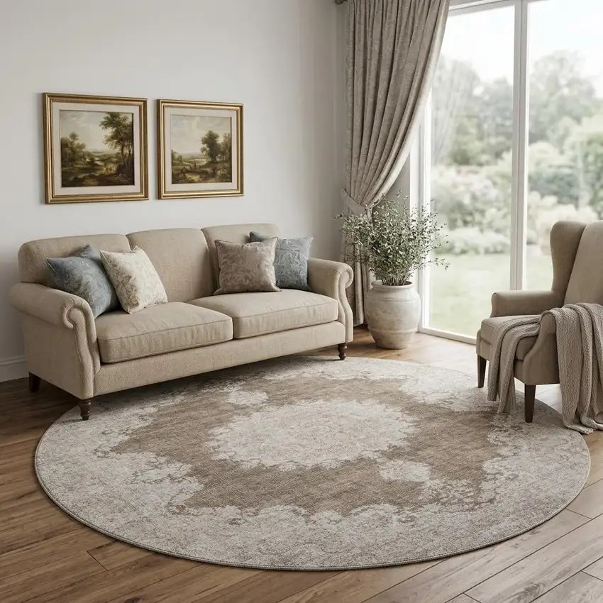 8' Brown Ivory And Beige Oriental Washable Round Rug With UV Protection Photo 1