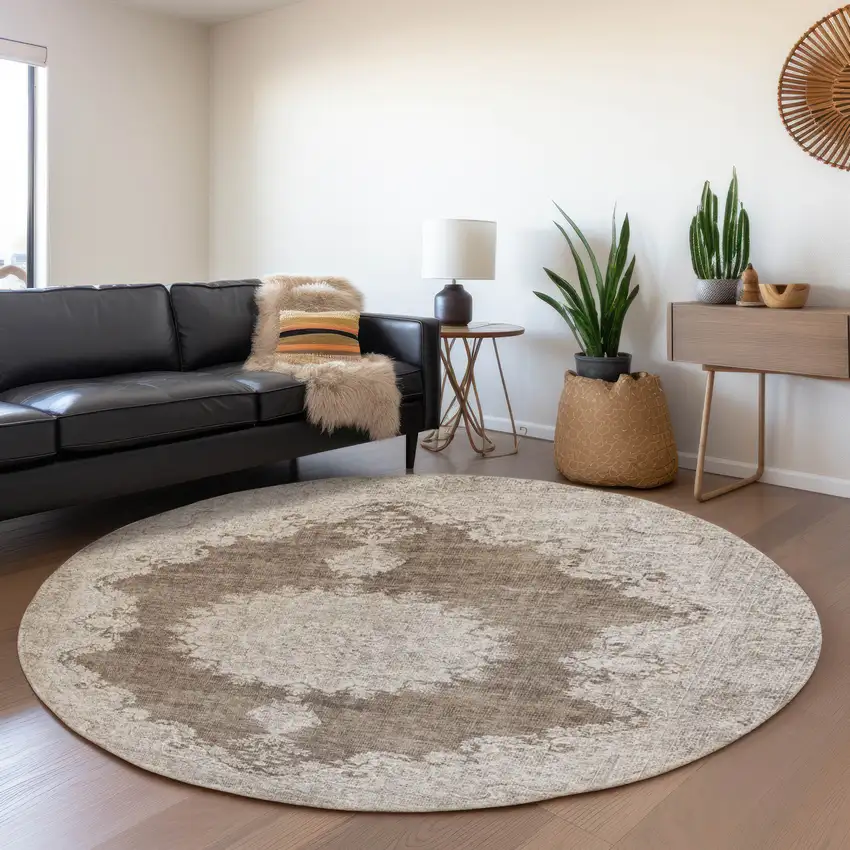 8' Brown Ivory And Beige Oriental Washable Round Rug With UV Protection Photo 4