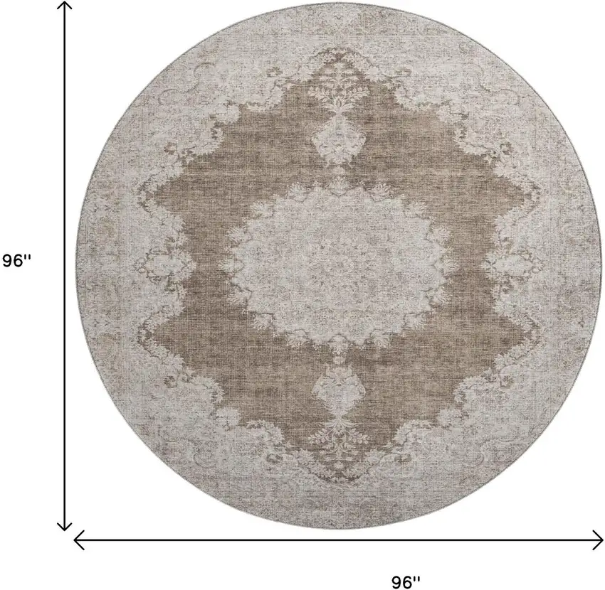 8' Brown Ivory And Beige Oriental Washable Round Rug With UV Protection Photo 9