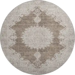 Photo of 8' Brown Ivory And Beige Oriental Washable Round Rug With UV Protection