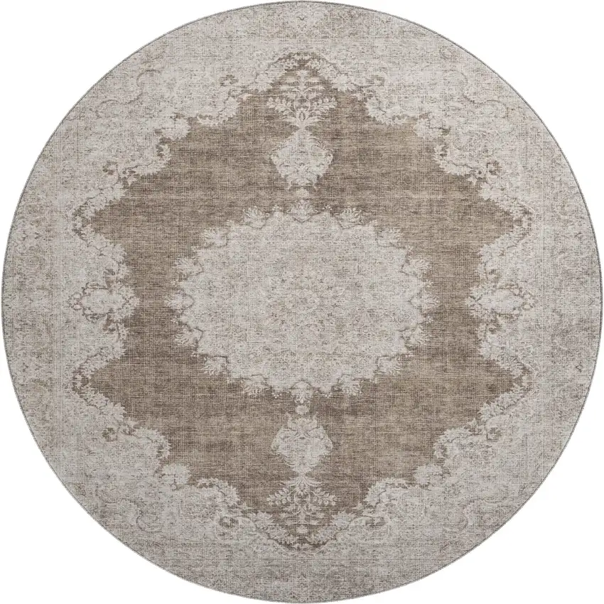 8' Brown Ivory And Beige Oriental Washable Round Rug With UV Protection Photo 1