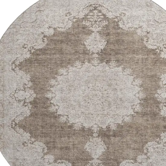 8' Brown Ivory And Beige Oriental Washable Round Rug With UV Protection Photo 2