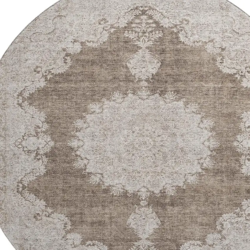 8' Brown Ivory And Beige Oriental Washable Round Rug With UV Protection Photo 2