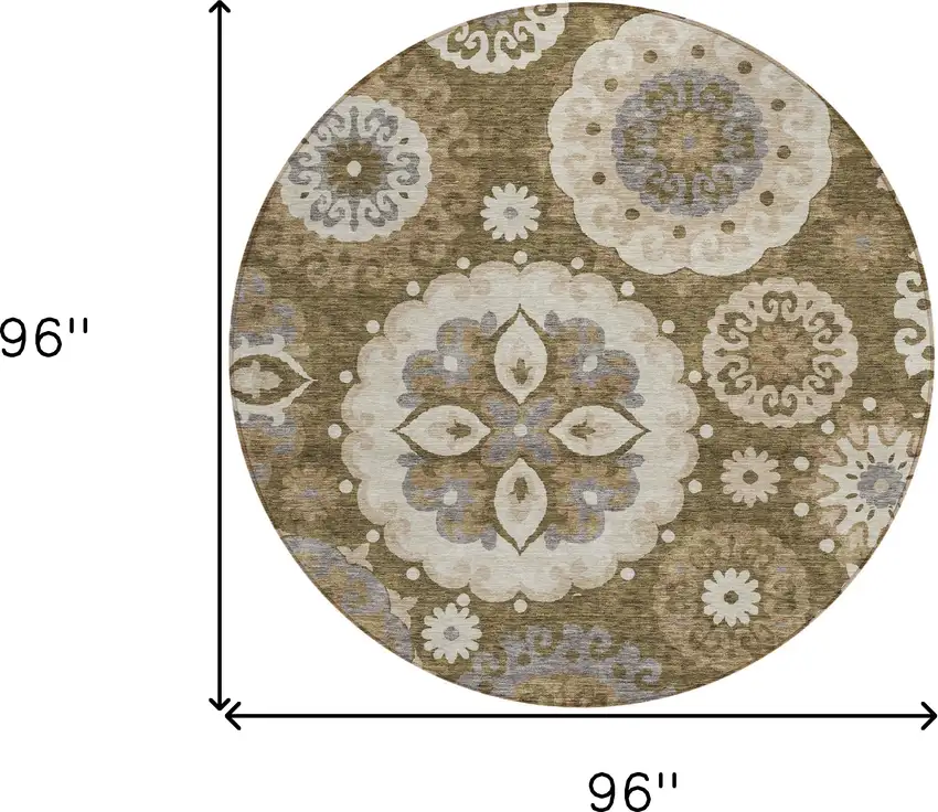 8' Brown Ivory And Beige Round Floral Medallion Washable Indoor Outdoor Area Rug Photo 9