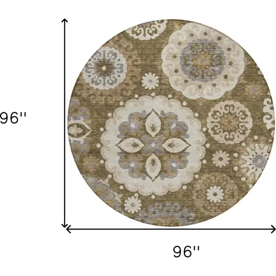 8' Brown Ivory And Beige Round Floral Medallion Washable Indoor Outdoor Area Rug Photo 9