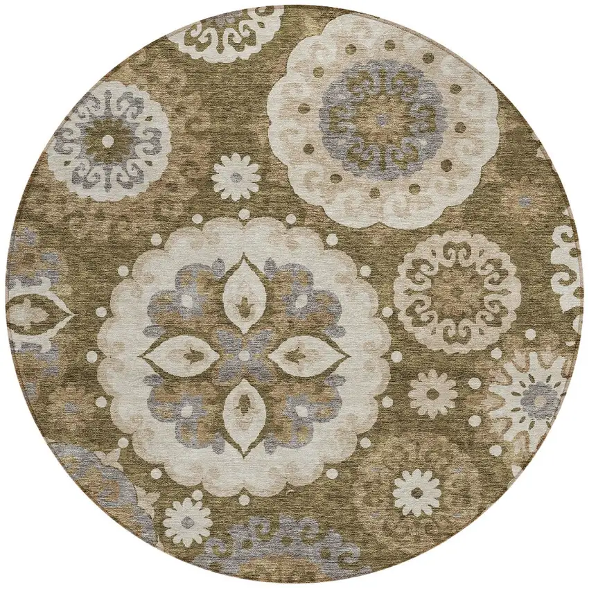 8' Brown Ivory And Beige Round Floral Medallion Washable Indoor Outdoor Area Rug Photo 6