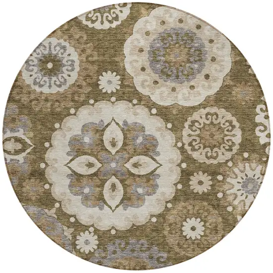 8' Brown Ivory And Beige Round Floral Medallion Washable Indoor Outdoor Area Rug Photo 6