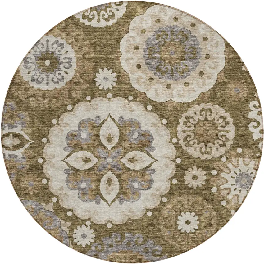 8' Brown Ivory And Beige Round Floral Medallion Washable Indoor Outdoor Area Rug Photo 1