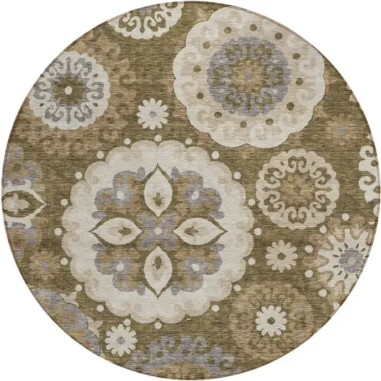 8' Brown Ivory And Beige Round Floral Medallion Washable Indoor Outdoor Area Rug Photo 1