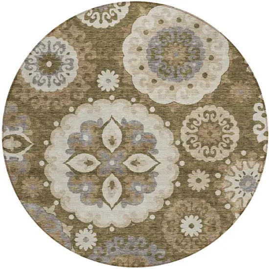 8' Brown Ivory And Beige Round Floral Medallion Washable Indoor Outdoor Area Rug Photo 1