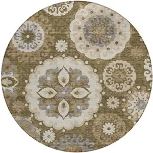 Photo of 8' Brown Ivory And Beige Round Floral Medallion Washable Indoor Outdoor Area Rug