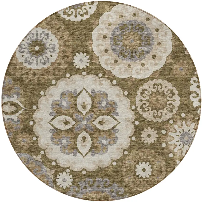 8' Brown Ivory And Beige Round Floral Medallion Washable Indoor Outdoor Area Rug Photo 1
