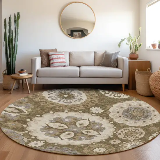 8' Brown Ivory And Beige Round Floral Medallion Washable Indoor Outdoor Area Rug Photo 8