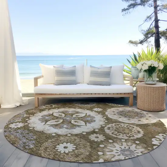 8' Brown Ivory And Beige Round Floral Medallion Washable Indoor Outdoor Area Rug Photo 7