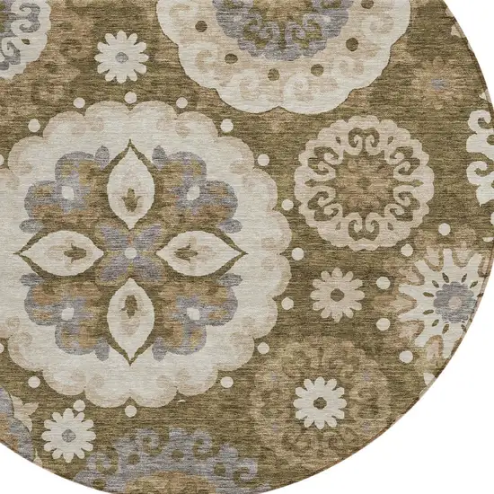 8' Brown Ivory And Beige Round Floral Medallion Washable Indoor Outdoor Area Rug Photo 4