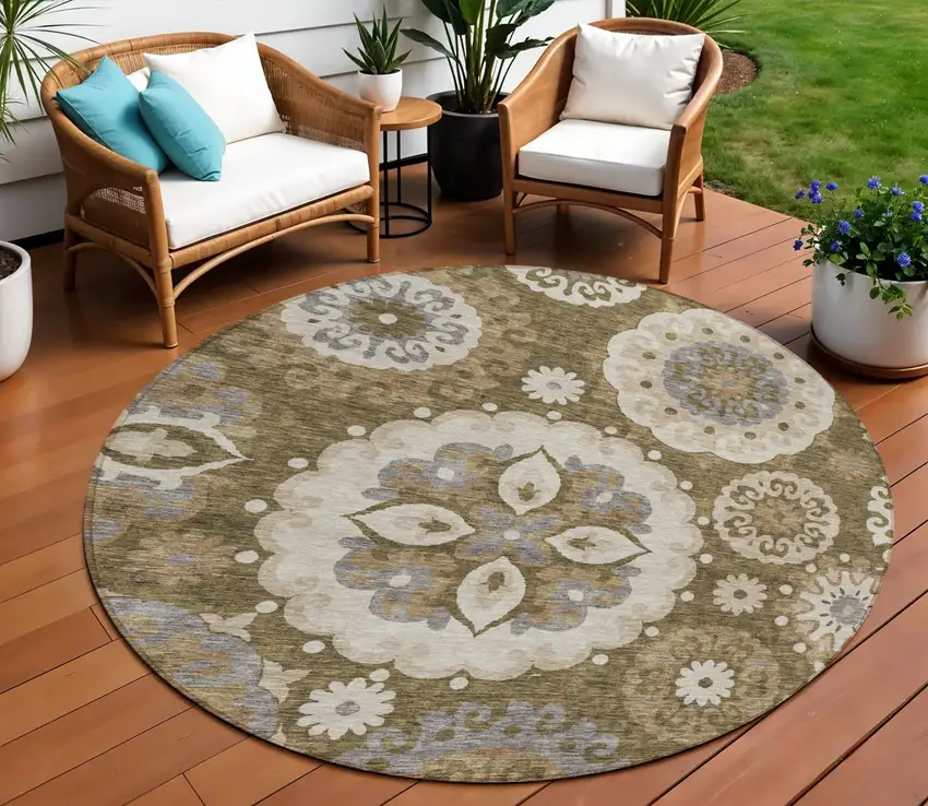 8' Brown Ivory And Beige Round Floral Medallion Washable Indoor Outdoor Area Rug Photo 1