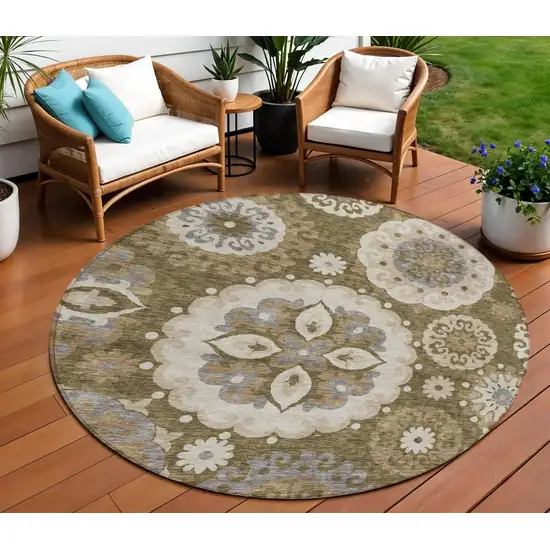 8' Brown Ivory And Beige Round Floral Medallion Washable Indoor Outdoor Area Rug Photo 1