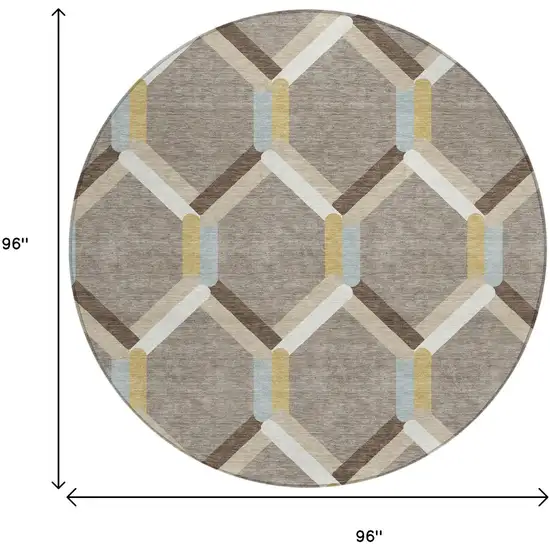 8' Brown Ivory And Beige Round Geometric Washable Indoor Outdoor Area Rug Photo 3