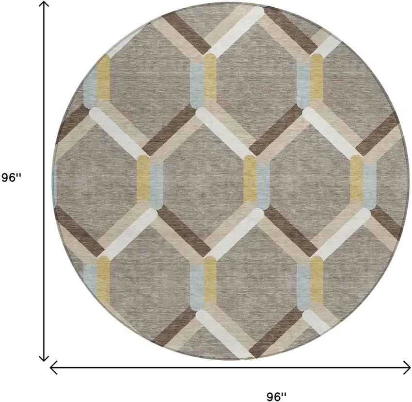 8' Brown Ivory And Beige Round Geometric Washable Indoor Outdoor Area Rug Photo 3