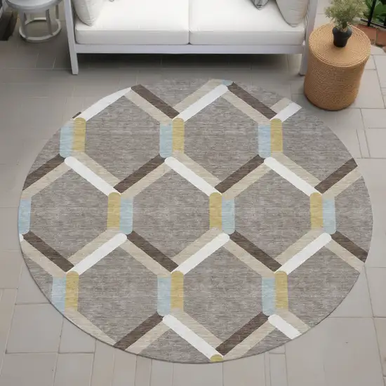 8' Brown Ivory And Beige Round Geometric Washable Indoor Outdoor Area Rug Photo 7