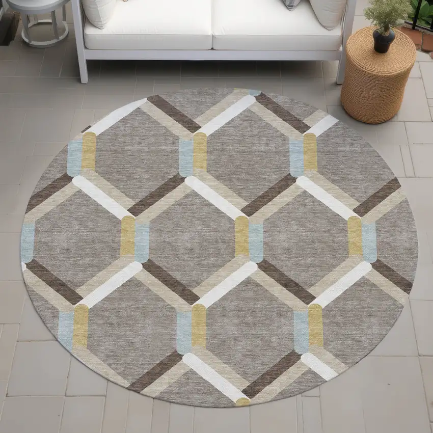 8' Brown Ivory And Beige Round Geometric Washable Indoor Outdoor Area Rug Photo 7