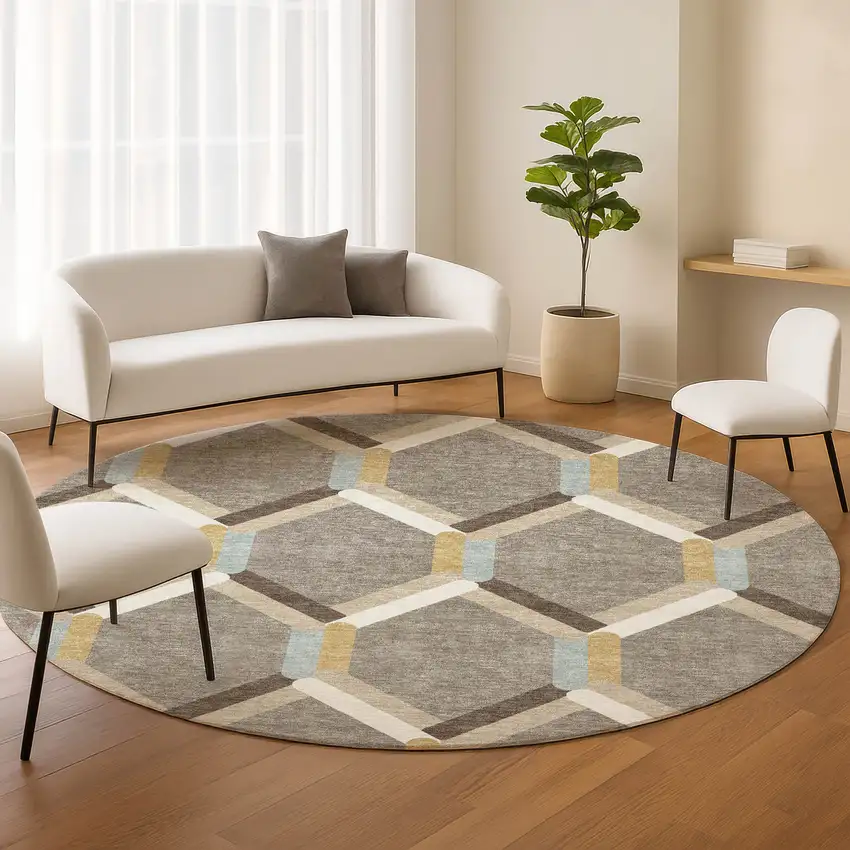 8' Brown Ivory And Beige Round Geometric Washable Indoor Outdoor Area Rug Photo 9