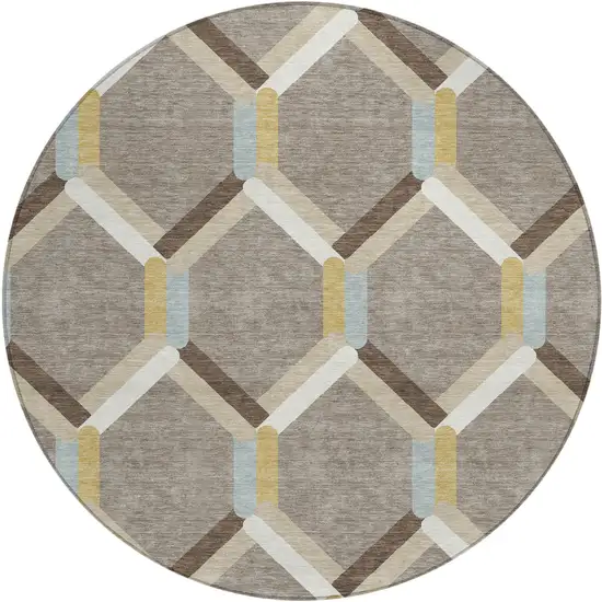 8' Brown Ivory And Beige Round Geometric Washable Indoor Outdoor Area Rug Photo 2