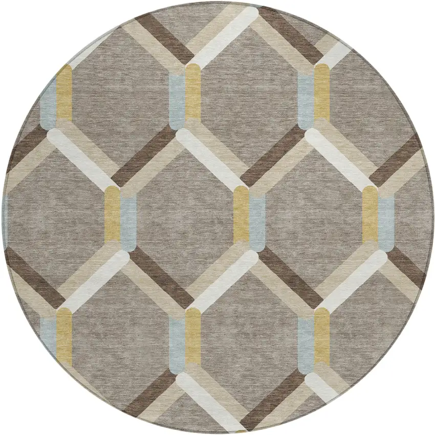 8' Brown Ivory And Beige Round Geometric Washable Indoor Outdoor Area Rug Photo 2