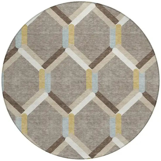 8' Brown Ivory And Beige Round Geometric Washable Indoor Outdoor Area Rug Photo 4