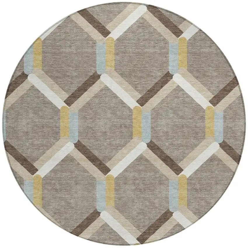 8' Brown Ivory And Beige Round Geometric Washable Indoor Outdoor Area Rug Photo 4