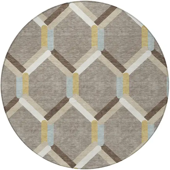 8' Brown Ivory And Beige Round Geometric Washable Indoor Outdoor Area Rug Photo 5