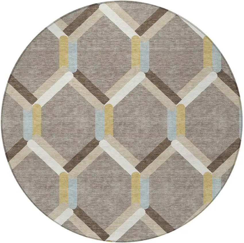 8' Brown Ivory And Beige Round Geometric Washable Indoor Outdoor Area Rug Photo 5