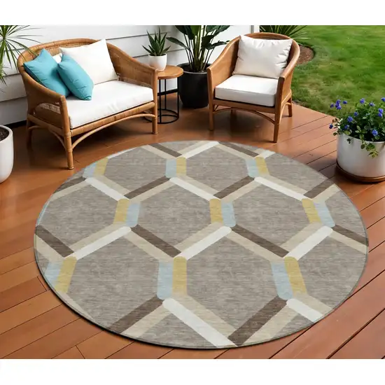 8' Brown Ivory And Beige Round Geometric Washable Indoor Outdoor Area Rug Photo 1
