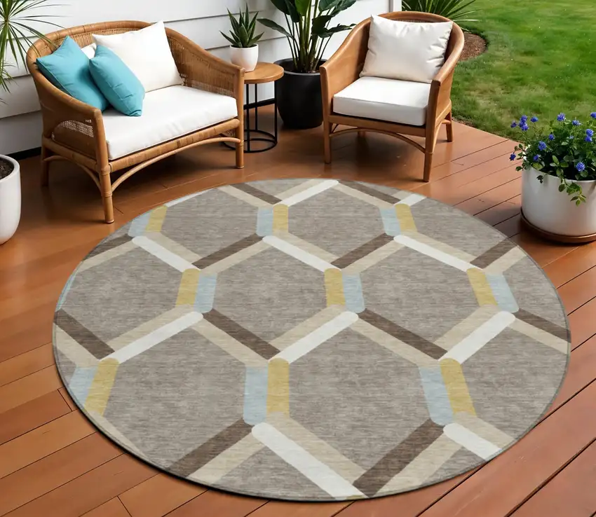 8' Brown Ivory And Beige Round Geometric Washable Indoor Outdoor Area Rug Photo 1